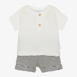 Laranjinha-Ivory & Blue Cotton Shorts Set | Childrensalon Outlet