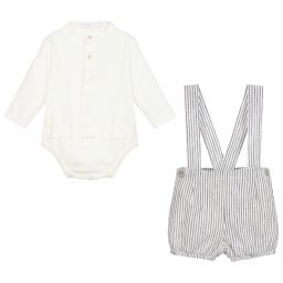 Laranjinha-طقم شورت وقميص قطن وكتّان لون رمادي وعاجي للمواليد | Childrensalon Outlet