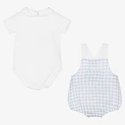 Laranjinha-طقم بِدلة أوفرول قطن لون أبيض وأزرق للأطفال | Childrensalon Outlet