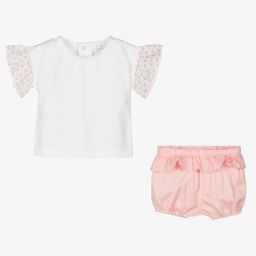 Laranjinha-White & Pink Cotton Shorts Set | Childrensalon Outlet