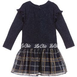 Le Chic-Синее платье в шотландскую клетку с блестками для малышей | Childrensalon Outlet