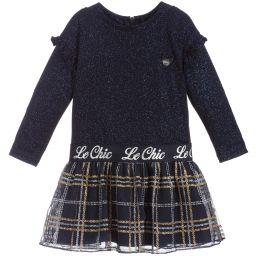 Le Chic-Синее платье в шотландскую клетку с блестками для малышей | Childrensalon Outlet