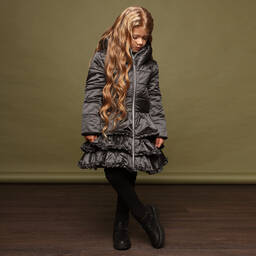 Le Chic-Girls Grey Puffer Ruffle Coat | Childrensalon Outlet