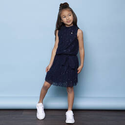 Le Chic-Navy Blue Tulle & Lace Dress  | Childrensalon Outlet