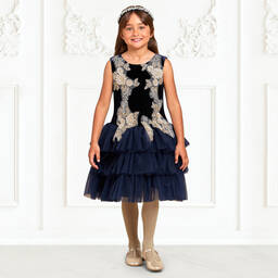 Le Mu-Blue Velvet & Tulle Dress | Childrensalon Outlet