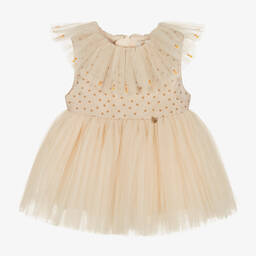 Le Mu-Girls Beige Satin & Tulle Dress  | Childrensalon Outlet
