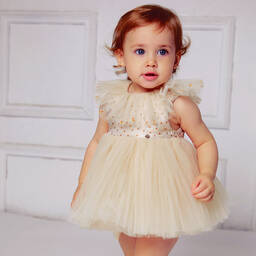 Le Mu-Girls Beige Satin & Tulle Dress  | Childrensalon Outlet