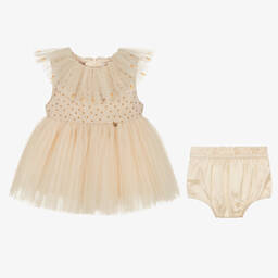 Le Mu-Girls Beige Satin & Tulle Dress  | Childrensalon Outlet