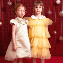 Le Mu-Girls Champagne Satin Tulle Dress  | Childrensalon Outlet