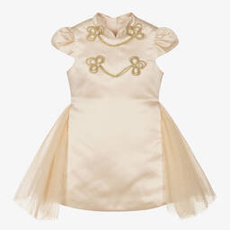 Le Mu-Girls Champagne Satin Tulle Dress  | Childrensalon Outlet