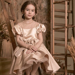 Le Mu-Girls Gold & Beige Jacquard Dress | Childrensalon Outlet