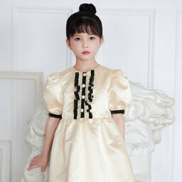 Le Mu-Girls Gold & Green Satin Dress | Childrensalon Outlet