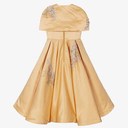 Le Mu-Girls Gold Taffeta Floral Dress  | Childrensalon Outlet