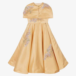 Le Mu-Girls Gold Taffeta Floral Dress  | Childrensalon Outlet
