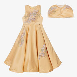 Le Mu-Girls Gold Taffeta Floral Dress  | Childrensalon Outlet