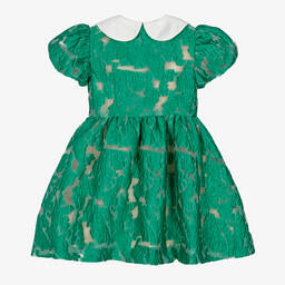 Le Mu-Girls Green Jacquard Organza Dress | Childrensalon Outlet