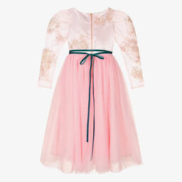 Le Mu-Girls Long Pink Embroidered Tulle Dress | Childrensalon Outlet