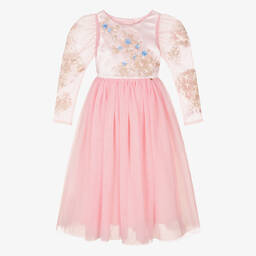 Le Mu-Girls Long Pink Embroidered Tulle Dress | Childrensalon Outlet