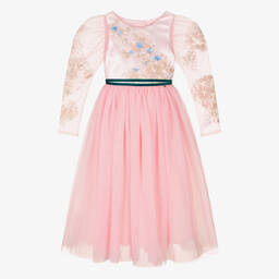 Le Mu-Girls Long Pink Embroidered Tulle Dress | Childrensalon Outlet