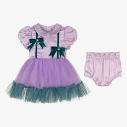 Le Mu-Girls Purple Satin, Tulle & Velvet Bow Dress | Childrensalon Outlet