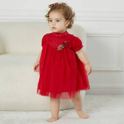 Le Mu-Girls Red Dotted Tulle Dress | Childrensalon Outlet
