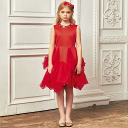 atractivo inferencia Miau miau Le Mu - Vestido rojo de satén y tul para niña | Childrensalon Outlet
