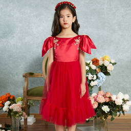 Le Mu-Girls Red Satin & Tulle Dress | Childrensalon Outlet