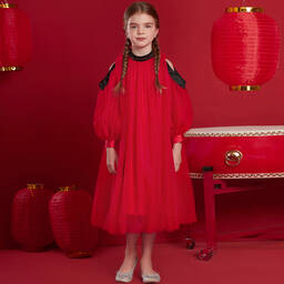 Le Mu-Girls Red Tulle Midi Dress | Childrensalon Outlet