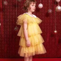Le Mu-Girls Yellow & Gold Layered Tulle Dress | Childrensalon Outlet