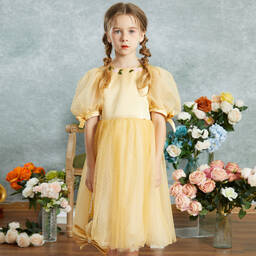 Le Mu-Girls Yellow Polka Dot Tulle Dress | Childrensalon Outlet