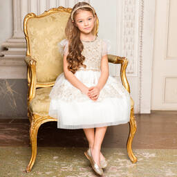 Lesy-Girls Gold & Ivory Lace Dress | Childrensalon Outlet