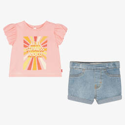 Levi's-Girls Pink & Blue & Logo Shorts Set | Childrensalon Outlet