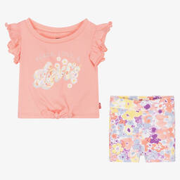 Levi's-Girls Pink Floral Cotton Shorts Set | Childrensalon Outlet
