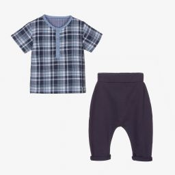 Lilly and Sid-Blue & Grey Cotton Trouser Set | Childrensalon Outlet