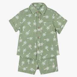 ليتل مي-طقم شورتات قطنية خضراء استوائية للأولاد | Childrensalon Outlet