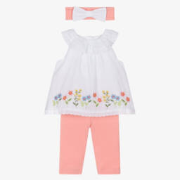 ليتل مي-طقم أبيض ووردي مزين بالزهور للبنات | Childrensalon Outlet