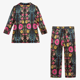 ليتل يولك-بيجاما حرير ساتان لون أسود بطبعة ورود للبنات | Childrensalon Outlet