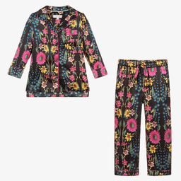 ليتل يولك-بيجاما حرير ساتان لون أسود بطبعة ورود للبنات | Childrensalon Outlet