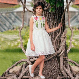 Love Made Love-فستان توليب دانتيل  مطرز لون أبيض | Childrensalon Outlet