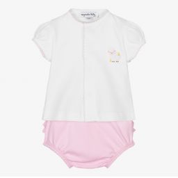 ماغنوليا بيبي-طقم شورت قطن بيما لون أبيض وزهري للمولودات | Childrensalon Outlet