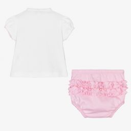 ماغنوليا بيبي-طقم شورت قطن بيما لون أبيض وزهري للمولودات | Childrensalon Outlet
