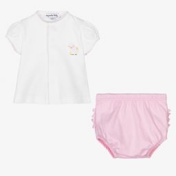 ماغنوليا بيبي-طقم شورت قطن بيما لون أبيض وزهري للمولودات | Childrensalon Outlet