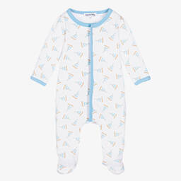 Magnolia Baby-White & Blue Cotton Tiny Sailboat Babygrow | Childrensalon Outlet
