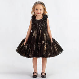 Maison Ava-Girls Black & Gold Pleated Tulle Dress | Childrensalon Outlet