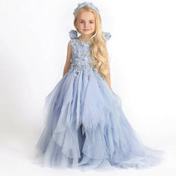 Maison Ava-Girls Blue Embroidered Tulle & Satin Organza Dress | Childrensalon Outlet