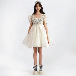 Maison Ava-Girls Ivory Embroidered Satin Organza Dress | Childrensalon Outlet