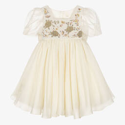 Maison Ava-Girls Ivory Embroidered Satin Organza Dress | Childrensalon Outlet