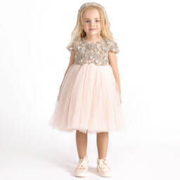 Maison Ava-Girls Pink Pleated Tulle Crystal Dress | Childrensalon Outlet