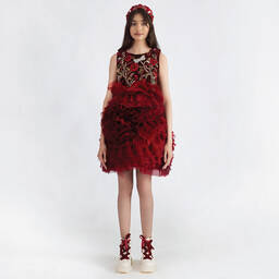 Maison Ava-Красное платье из бархата и органзы с вышивкой | Childrensalon Outlet