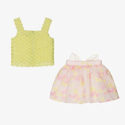 ماما لوما-طقم تنورة أورغانزا لون أخضر وزهري بطبعة ورود | Childrensalon Outlet